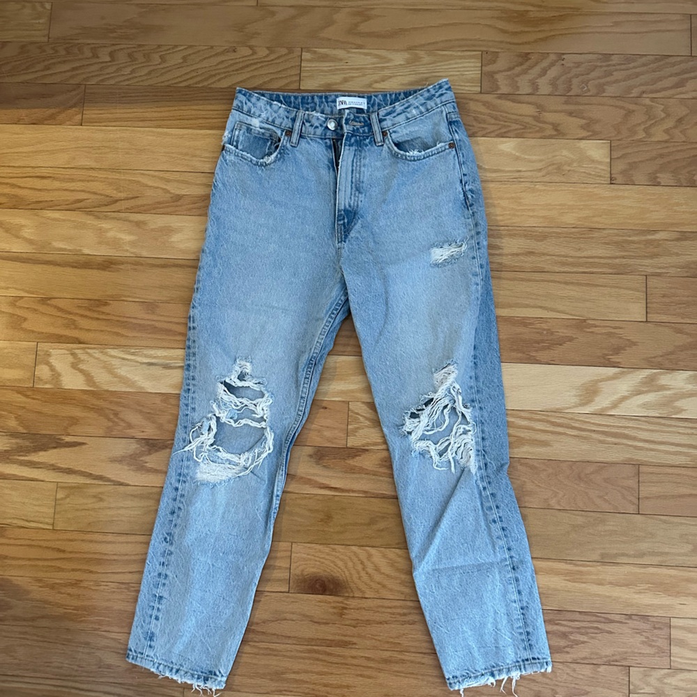 Zara Blue High Rise Distressed Jeans